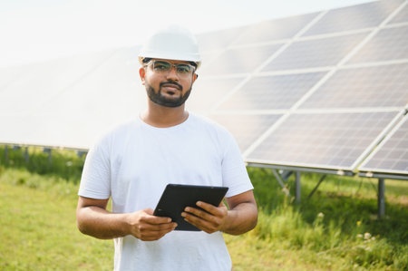 Male arab engineer standing on field with rows of solar panels.の写真素材