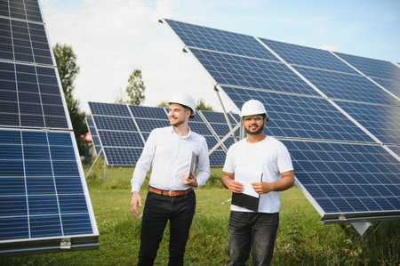 Indian engineer and businessman planning new ecology project. around solar panel.