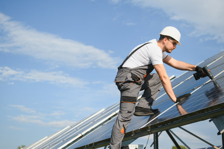 Man mounting technician photovoltaic solar modules. Engineer in helmet installing solar panel system outdoors.の写真素材
