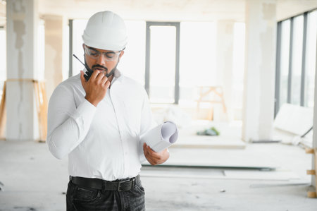 Portrait of young handsome Indian male civil engineer or architect wearing helmet at construction site.の写真素材
