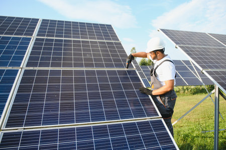 Portrait of Young Indian man technician wearing white hard hat standing near solar panels against...