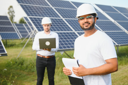 Solar power plant with two engineers walking and examining photovoltaic panels. Concept of...