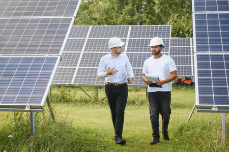 Two engineers are conducting outdoor inspection of solar photovoltaic panels.