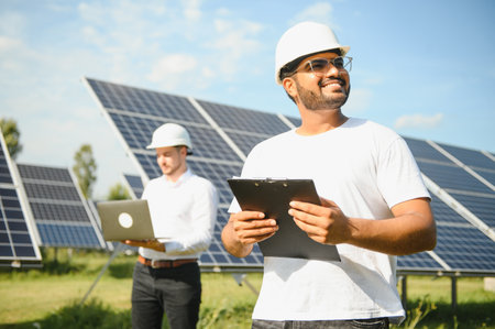 Indian engineer and businessman planning new ecology project. around solar panel roof.