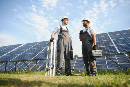 Engineer worker working in solar panels power farm. Two technician working at solar power station.