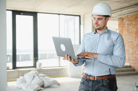 Supervisor using laptop at construction site.の写真素材