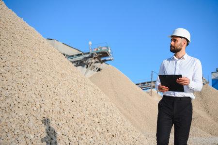 An engineer at a crushed stone or gravel plant. Stone mining.