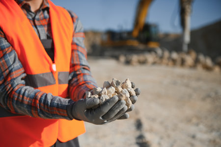 A worker in a helmet stands on the background of an excavator in a quarry.の写真素材