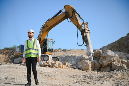Extraction of stone. Male worker next to stone quarry. Engineer at construction site.の写真素材