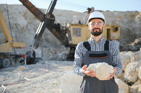 Male worker with bulldozer in sand quarry.の写真素材