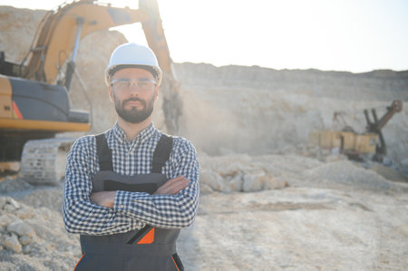 Portrait of a worker standing on the background of a stone quarry.の写真素材