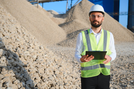 Engineer on an industrial background. Stone crushing and screening plant.