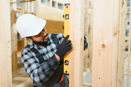 Modern modular house. Indian worker works on the construction of a wooden house.の写真素材