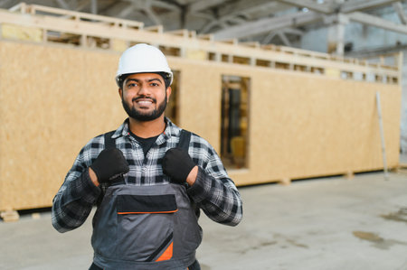 Modern modular house. Indian worker works on the construction of a wooden house.の写真素材