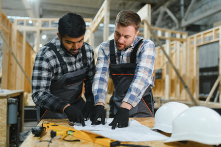 Two architects are studying documentation or blueprints. Construction of a modular house.の写真素材
