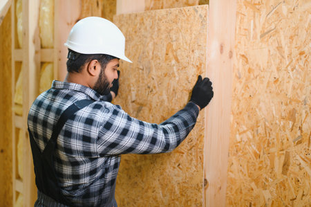 Modern modular house. Indian worker works on the construction of a wooden house.の写真素材