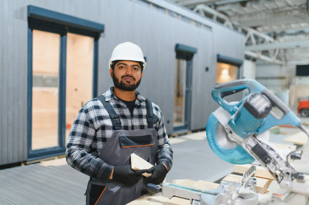 Indian carpenter works on the construction of modular houses.