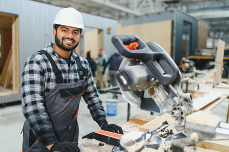 Indian carpenter cuts a wooden plank on a sawmill in a modular building factory, providing precise cuts for a prefabricated structureの写真素材