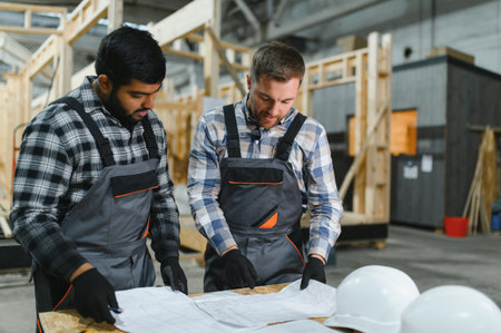 Two architects are studying documentation or blueprints. Construction of a modular house.