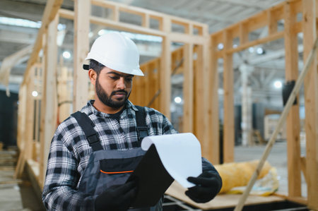 Construction of modular houses. Construction worker or engineer at construction site.