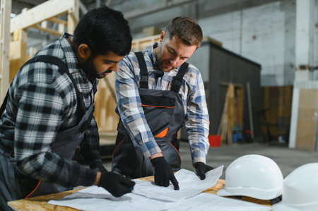 Two architects are looking at a construction plan drawing or blueprint. Construction process.の写真素材