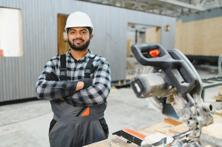 Indian carpenter works on the construction of modular houses.の写真素材