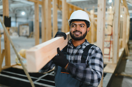 Modern modular house. Worker works on the construction of a wooden house.