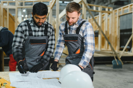 Two architects are looking at a construction plan drawing or blueprint.の写真素材