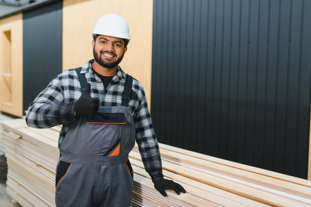 Indian carpenter works on the construction of modular houses.