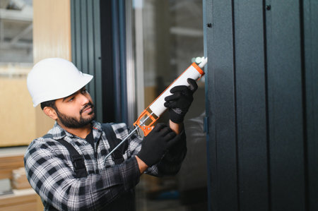 Worker is applying polyurethane foam to fill the gap between sash and window frame in prefabricated modular house.の写真素材