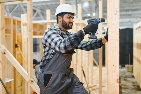 Indian carpenter works on the construction of modular houses.の写真素材