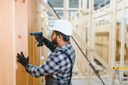 Indian carpenter works on the construction of modular houses.の写真素材