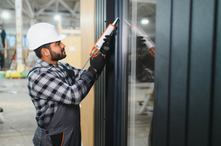 Indian worker is applying polyurethane foam to fill the gap between sash and window frame in prefabricated modular house.の写真素材