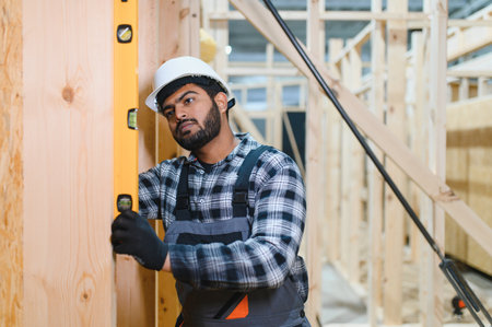 Construction of modular houses. Male Indian construction worker in uniform and hard hat at...