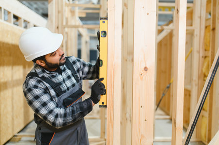 Indian carpenter works on the construction of modular houses.