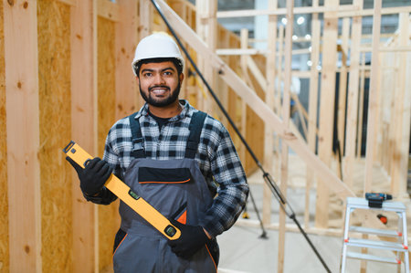 Modern modular house. Indian worker works on the construction of a wooden house.の写真素材