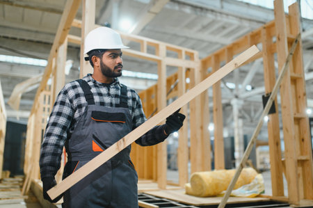 Construction of modular houses. Male Indian construction worker in uniform and hard hat at construction site.の写真素材