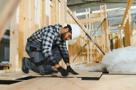 Modern modular house. Indian worker works on the construction of a wooden house.の写真素材