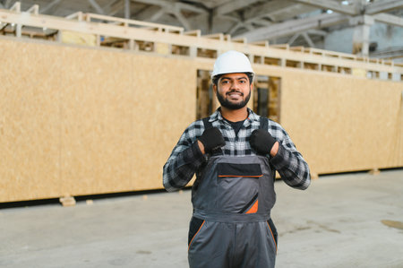 Construction of modular houses. Indian construction worker or engineer at construction site.の写真素材