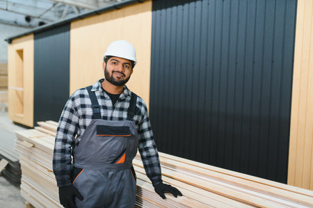 Construction of modular houses. Indian construction worker or engineer at construction site.
