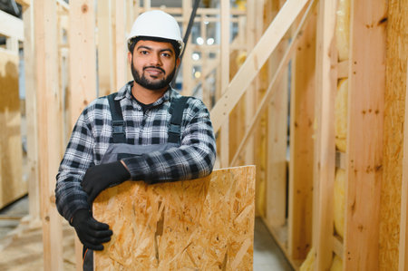 Construction of modular houses. Male Indian construction worker in uniform and hard hat at construction site.の写真素材