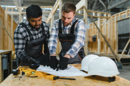 Two architects study the construction plan of modern modular houses.の写真素材