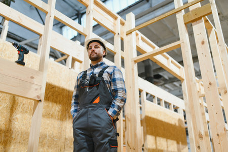 Modern modular house. Indian worker works on the construction of a wooden house.の写真素材
