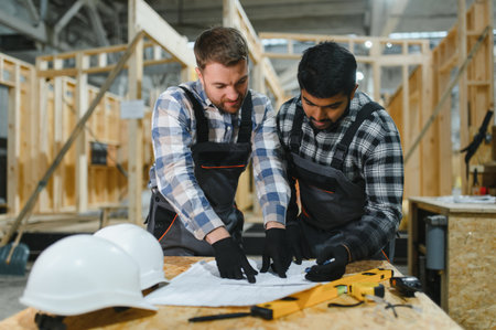 Two architects are studying documentation or blueprints. Construction of a modular house.の写真素材