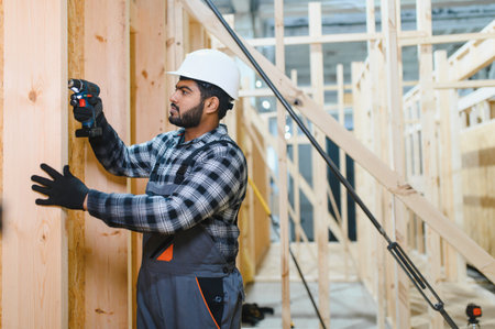 Modern modular house. Indian worker works on the construction of a wooden house.