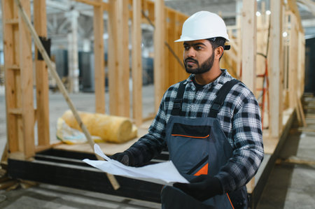 Modern modular house. Indian worker works on the construction of a wooden house.の写真素材