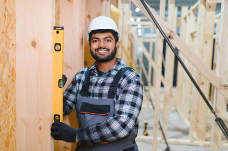 Construction of modular houses. Male Indian construction worker in uniform and hard hat at construction site.の写真素材