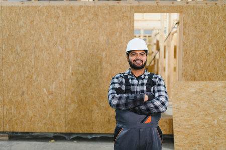Construction of modular houses. Indian construction worker or engineer at construction site.