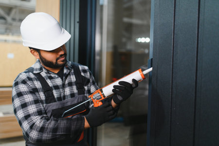 Worker is applying polyurethane foam to fill the gap between sash and window frame in prefabricated modular house.の写真素材
