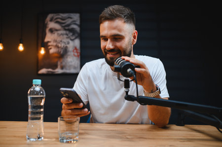 Young man recording audio content for podcast using professional microphone and smartphone in home...